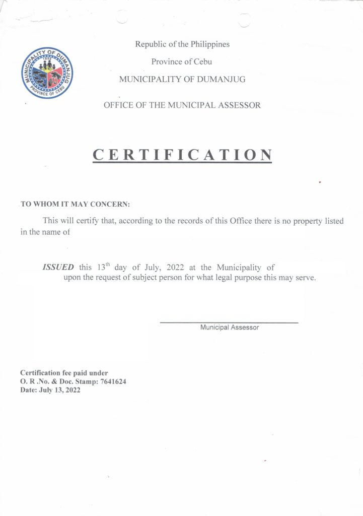 Municipal Assessor's Certificate of Aggregate Landholding - Lepiten ...